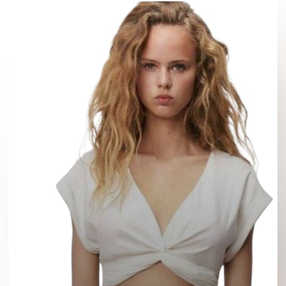Womens Zara White Twisted Short Sleeve Crop Top BNWT Size Medium